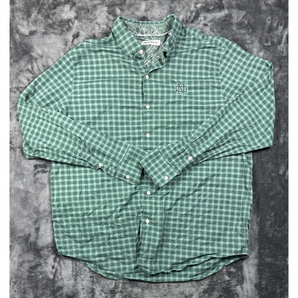 Tommy Bahama Notre Dame Fighting Irish Men's XL Green Gingham Button Down Shirt